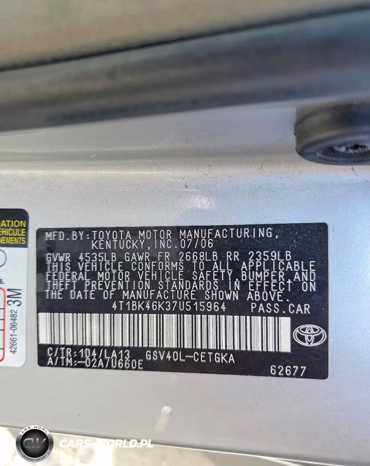 2007 Toyota Camry Xle V6 VIN:4T1BK46K37U515964 - 12