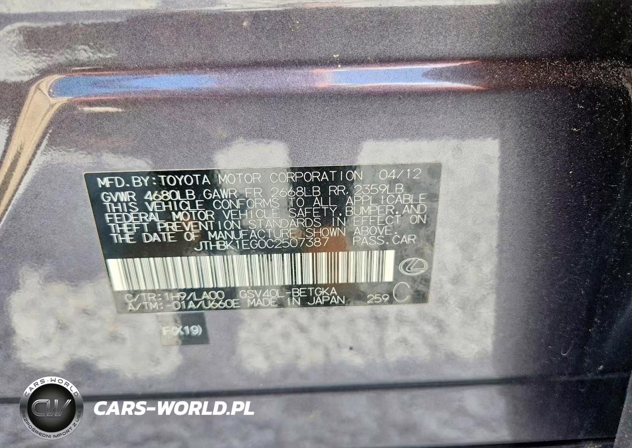 2012 Lexus Es 350 VIN:JTHBK1EG0C2507387 - 12