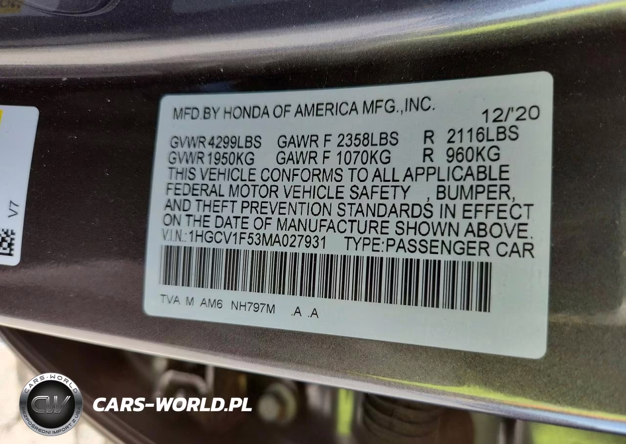 2021 Honda Accord Exl VIN:1HGCV1F53MA027931 - 12