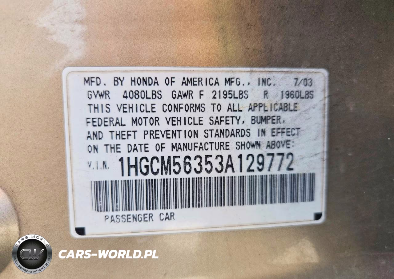 2003 Honda Accord Lx VIN:1HGCM56353A129772 - 12