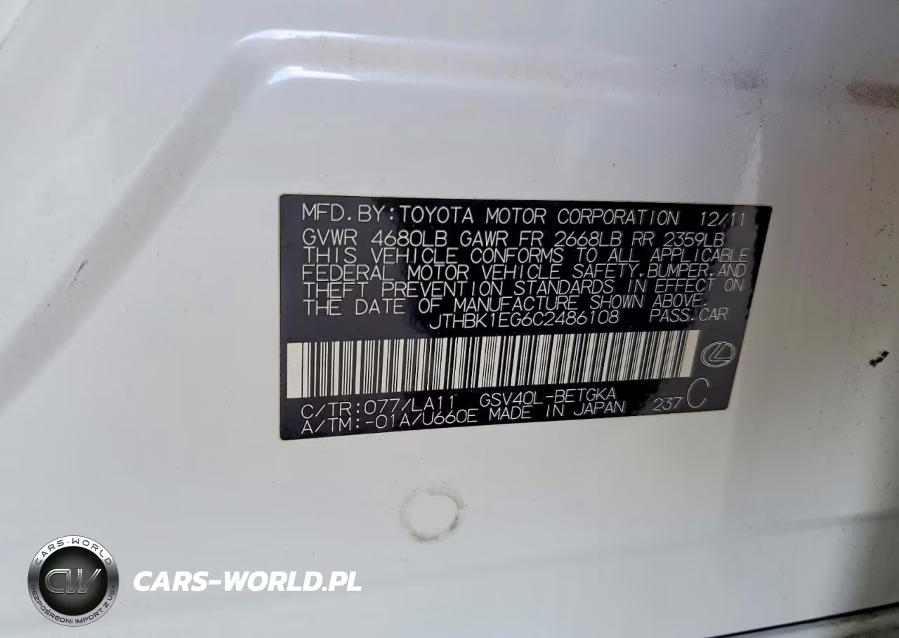 2012 Lexus Es 350 VIN:JTHBK1EG6C2486108 - 12