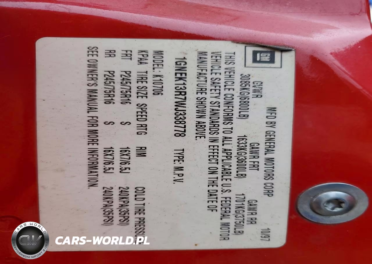 1998 Chevrolet Tahoe K1500 VIN:1GNEK13R7WJ338778 - 13