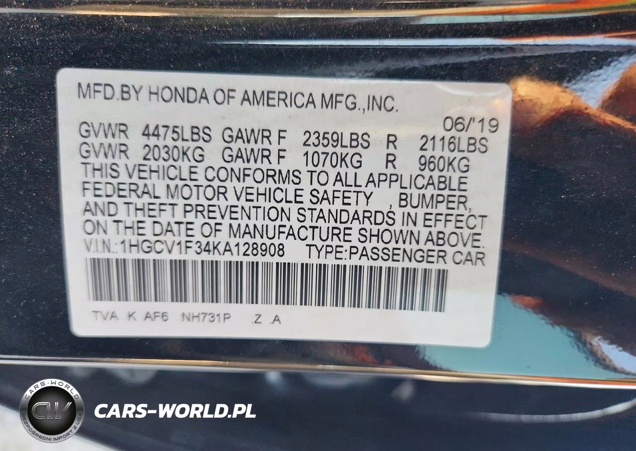 2019 Honda Accord Sport VIN:1HGCV1F34KA128908 - 12