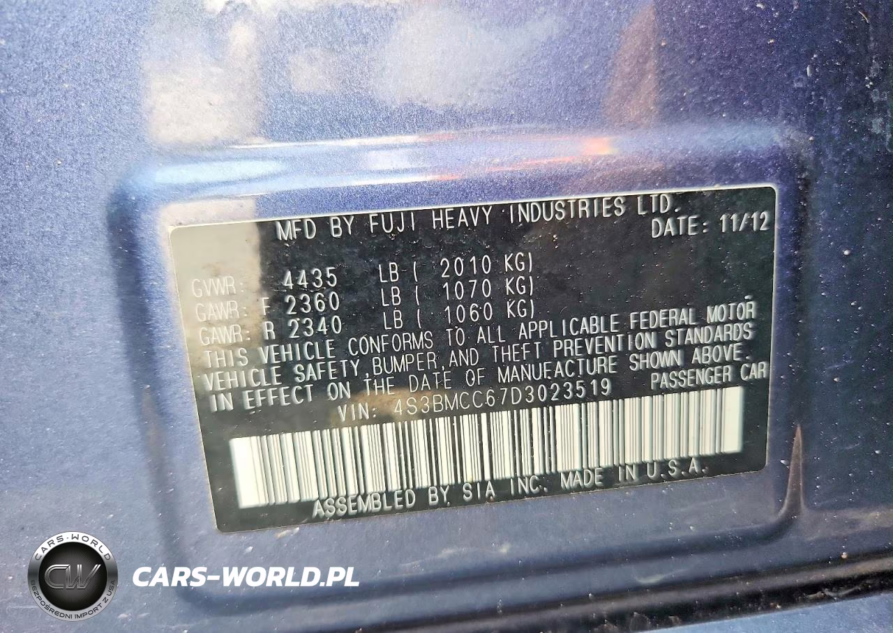 2013 Subaru Legacy 2.5I Premium VIN:4S3BMCC67D3023519 - 12