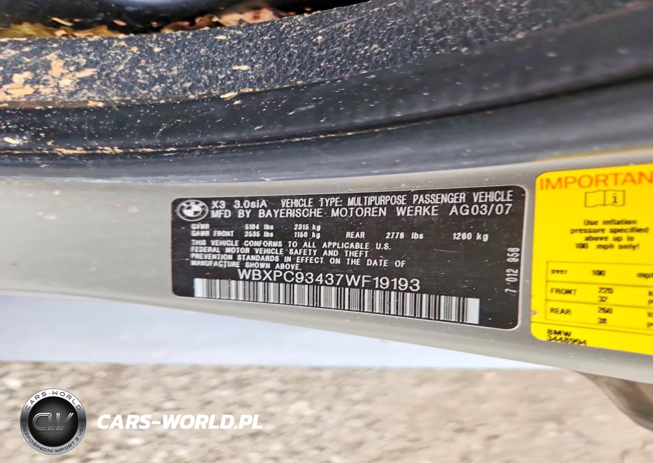 2007 BMW X3 3.0Si VIN:WBXPC93437WF19193 - 13