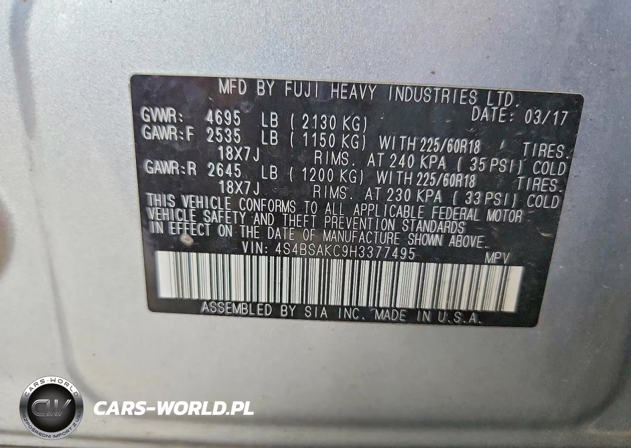 2017 Subaru Outback 2.5I Limited VIN:4S4BSAKC9H3377495 - 14
