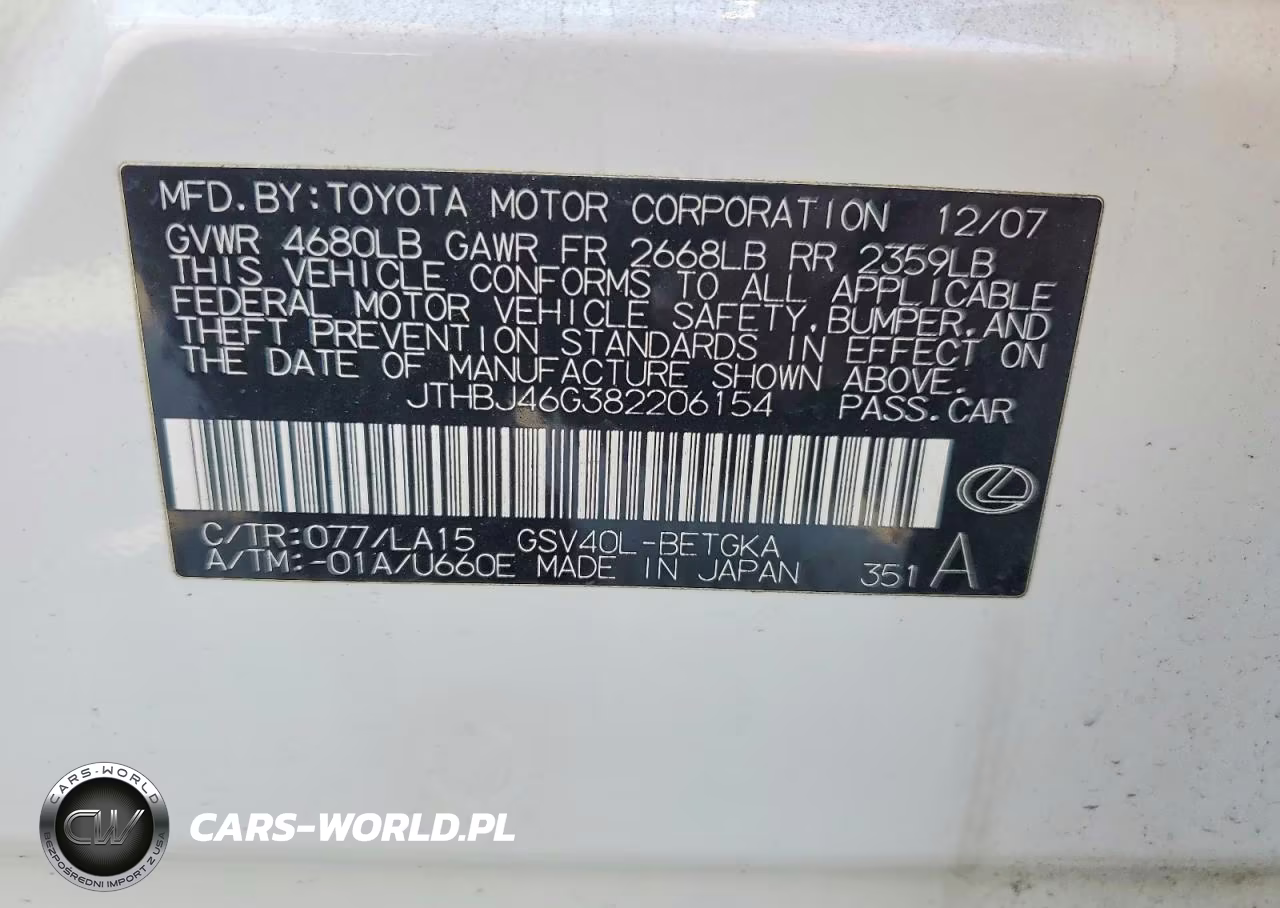 2008 Lexus Es 350 VIN:JTHBJ46G382206154 - 12