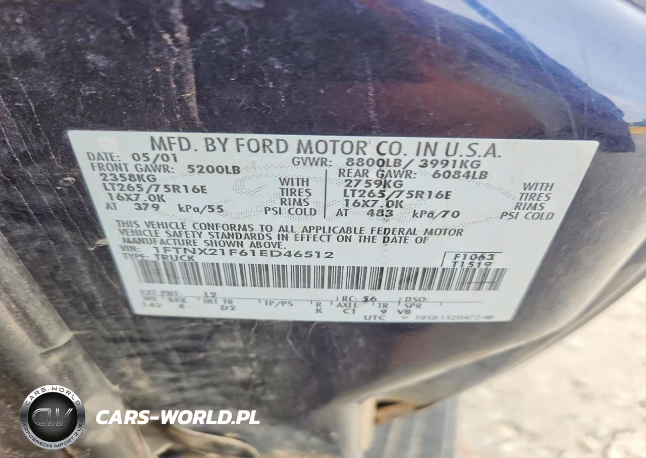 2001 Ford F250 Super Duty VIN:1FTNX21F61ED46512 - 12