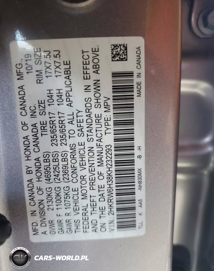 2019 Honda Cr-V Lx VIN:2HKRW6H38KH232293 - 14