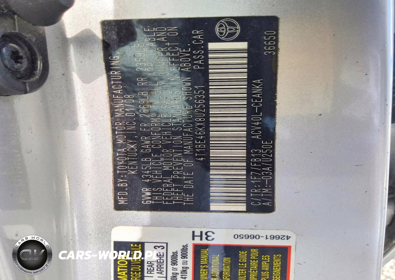 2008 Toyota Camry Le VIN:4T1BE46KX8U256351 - 12