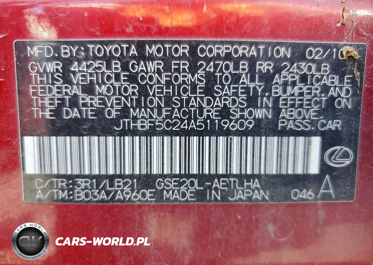 2010 Lexus Is 250 Base VIN:JTHBF5C24A5119609 - 12