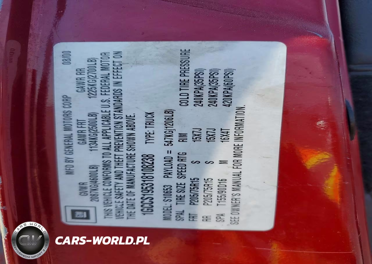 2001 Chevrolet S Truck S10 VIN:1GCCS195318108238 - 12