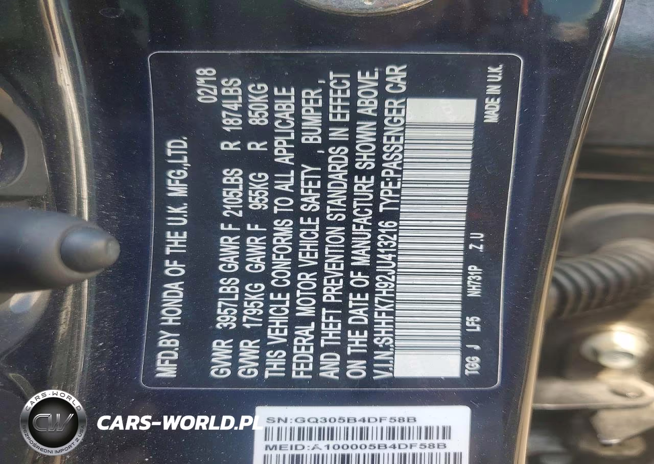 2018 Honda Civic Sport Touring VIN:SHHFK7H92JU413216 - 13