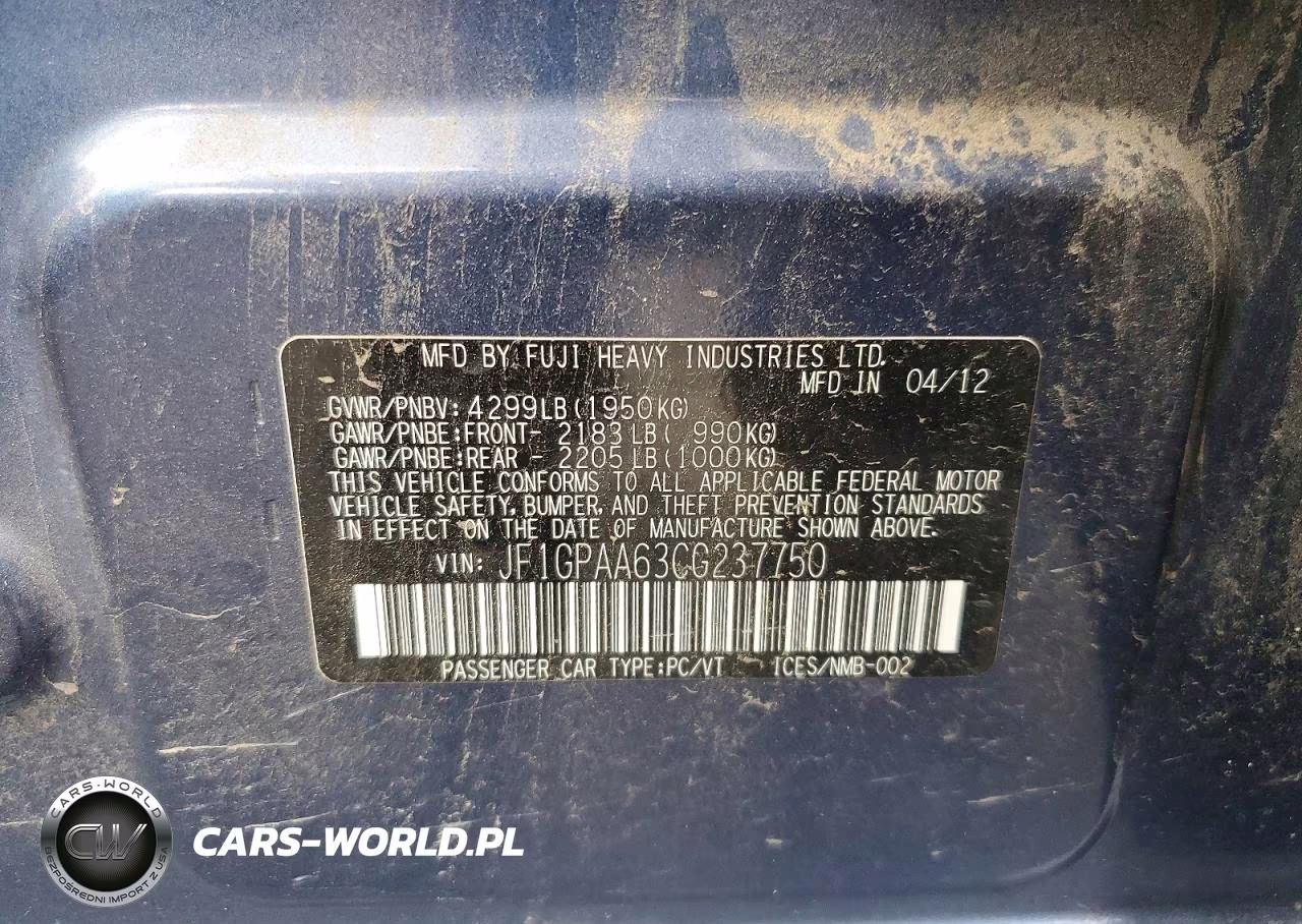 2012 Subaru Impreza VIN:JF1GPAA63CG237750 - 12