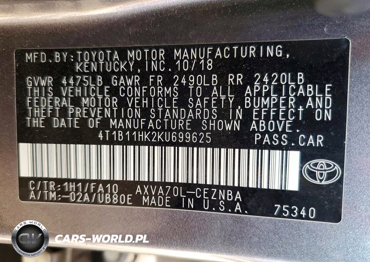 2019 Toyota Camry Le VIN:4T1B11HK2KU699625 - 12