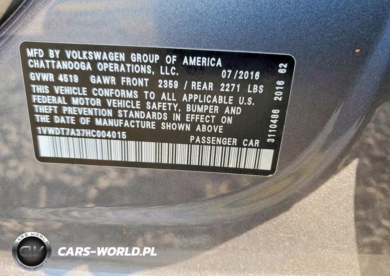 2017 Volkswagen Passat R-Line VIN:1VWDT7A37HC004015 - 12