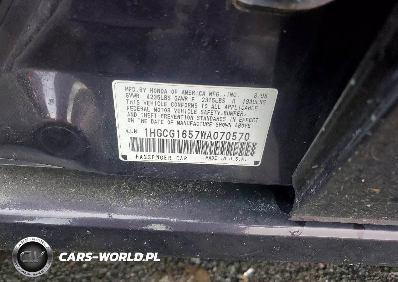 1998 Honda Accord Ex VIN:1HGCG1657WA070570 - 12