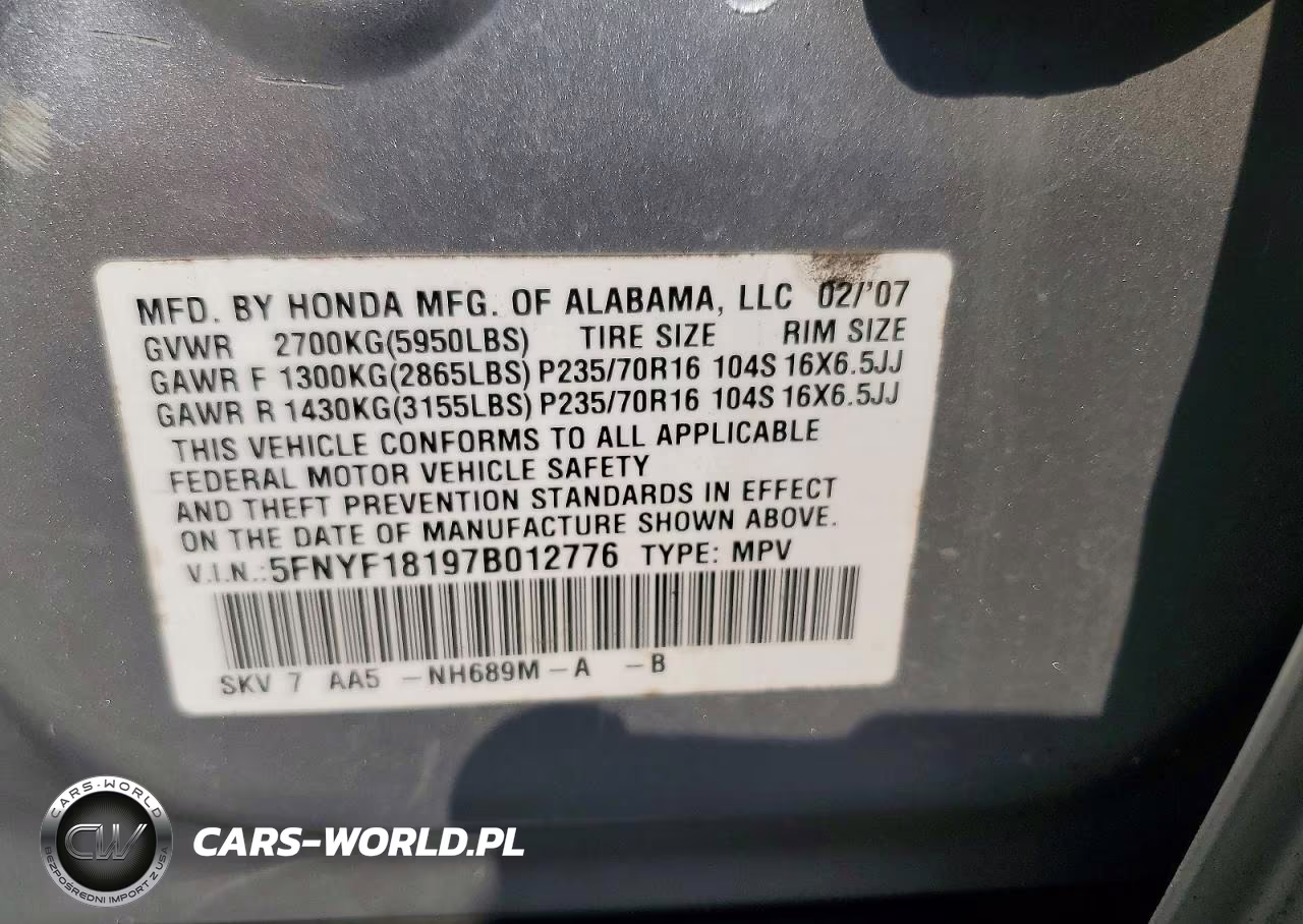 2007 Honda Pilot Lx VIN:5FNYF18197B012776 - 13