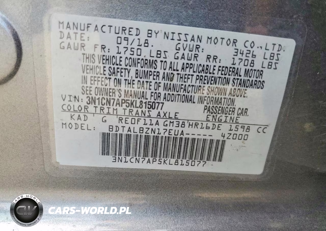 2019 Nissan Versa Sv VIN:3N1CN7AP5KL815077 - 12