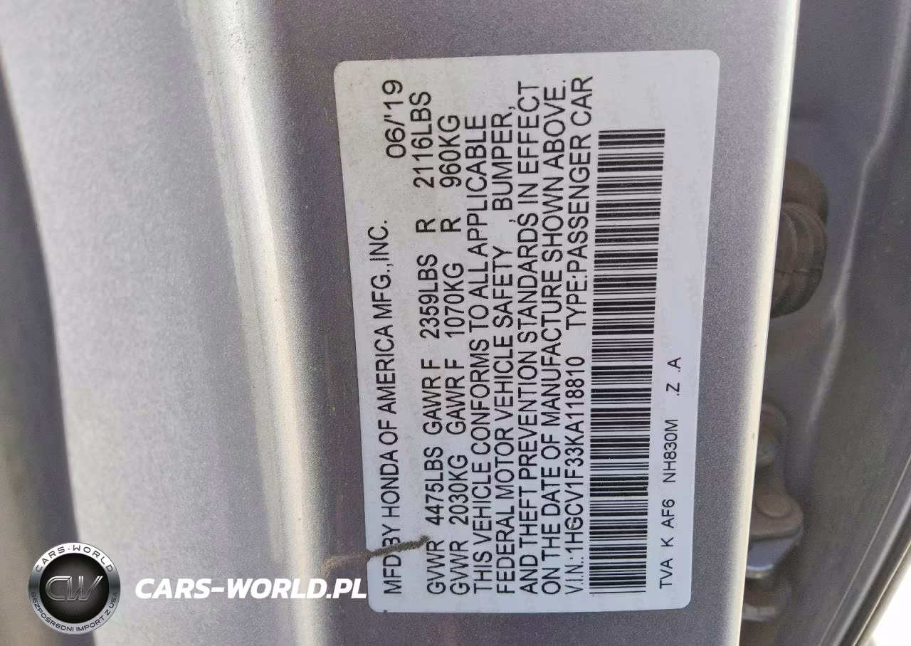 2019 Honda Accord Sport VIN:1HGCV1F33KA118810 - 13