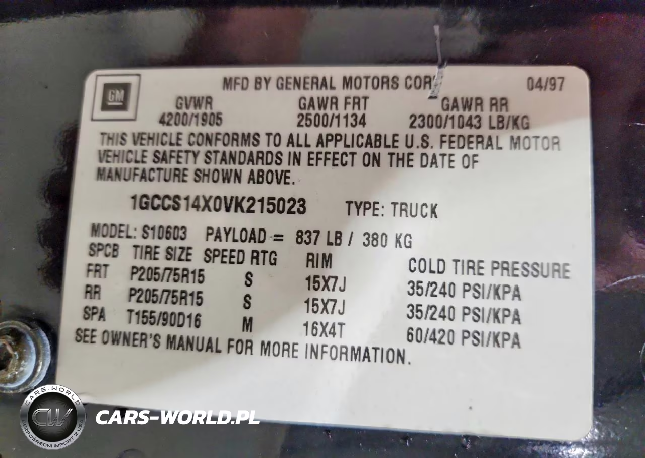 1997 Chevrolet S Truck S10 VIN:1GCCS14X0VK215023 - 12