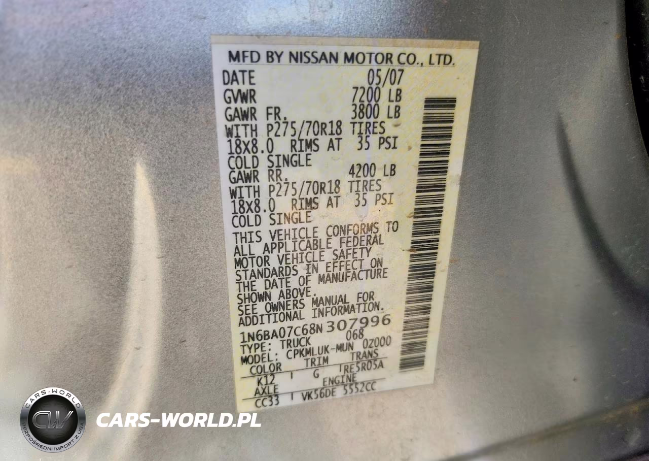 2008 Nissan Titan Xe Ffv VIN:1N6BA07C68N307996 - 13