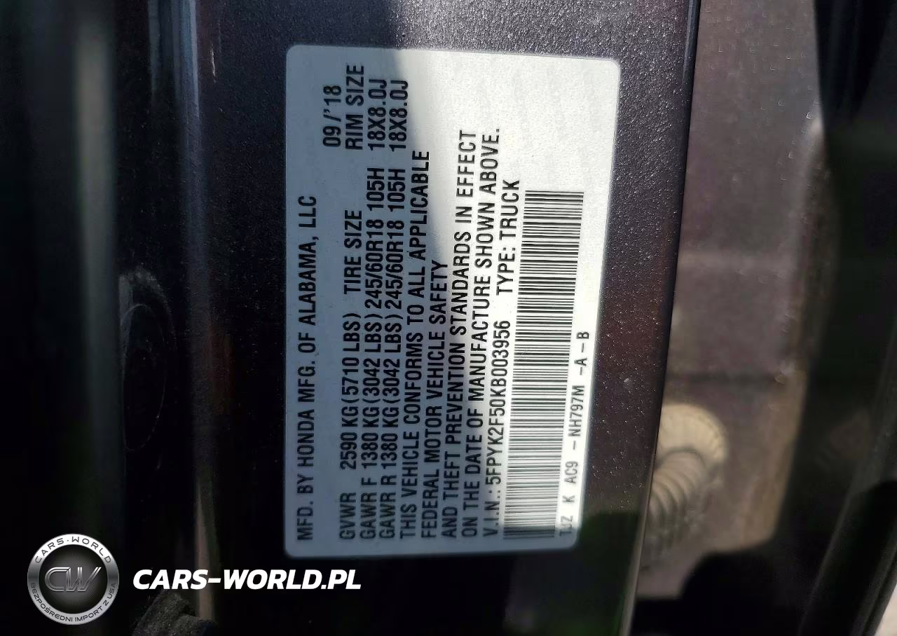 2019 Honda Ridgeline Rtl VIN:5FPYK2F50KB003956 - 12