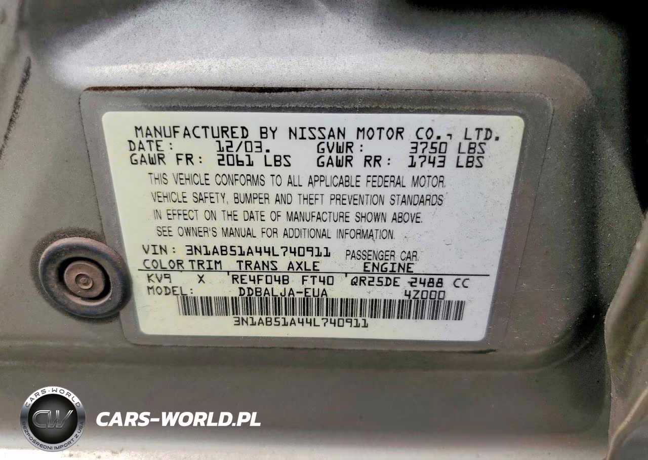 2004 Nissan Sentra 2.5S VIN:3N1AB51A44L740911 - 12