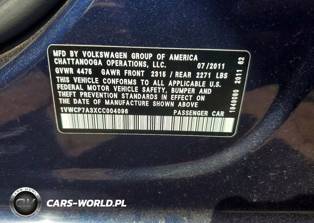 2012 Volkswagen Passat Sel VIN:1VWCP7A3XCC004096 - 12
