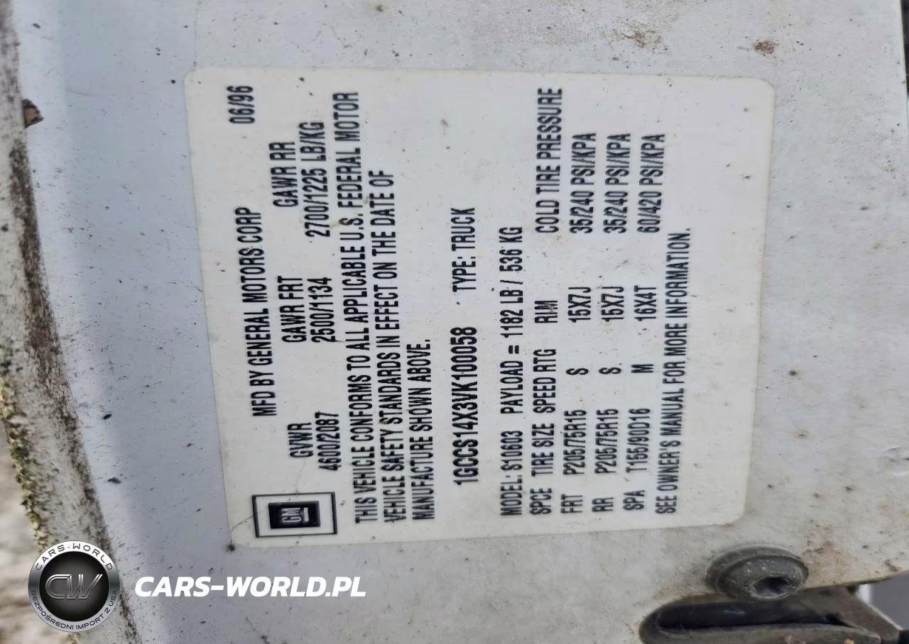 1997 Chevrolet S Truck S10 VIN:1GCCS14X3VK100058 - 12