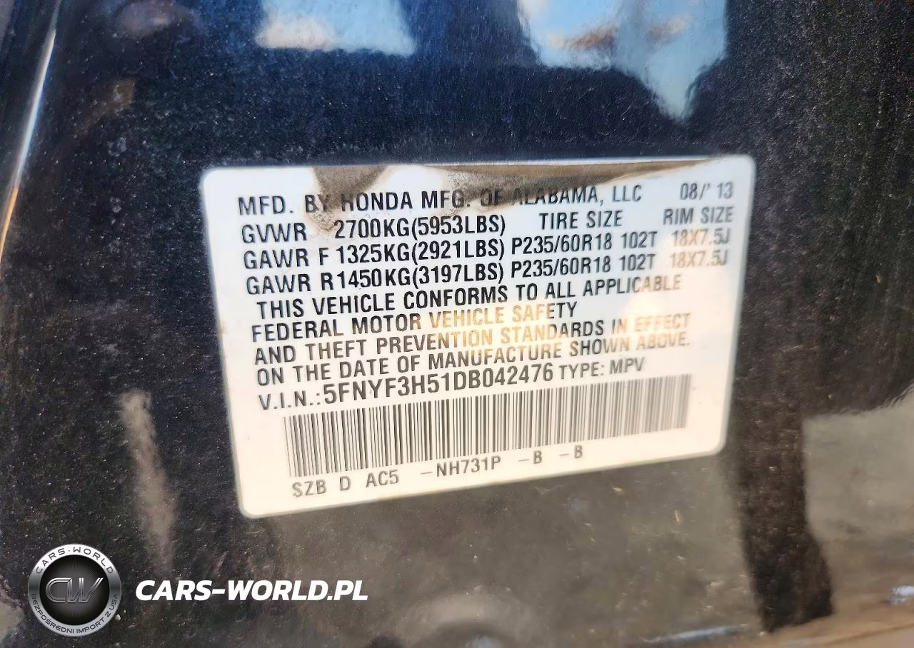 2013 Honda Pilot Exl VIN:5FNYF3H51DB042476 - 13