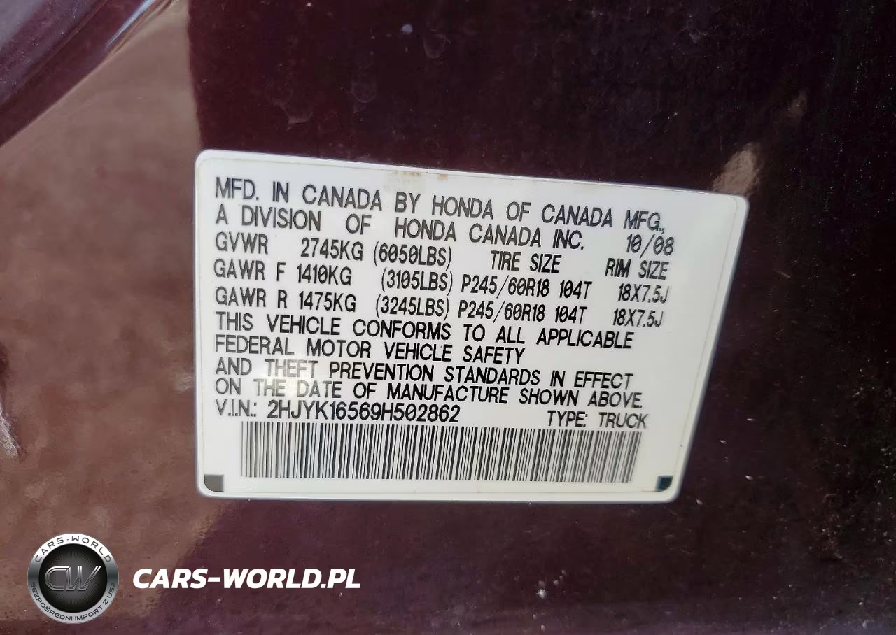 2009 Honda Ridgeline Rtl VIN:2HJYK16569H502862 - 12