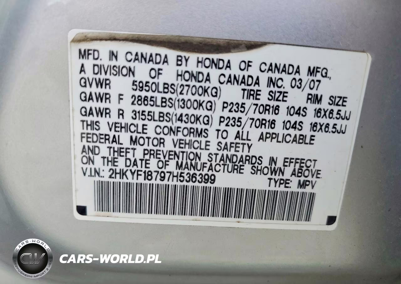 2007 Honda Pilot Exl VIN:2HKYF18797H536399 - 13