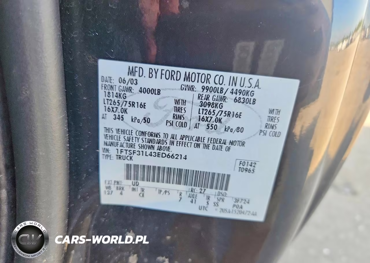2003 Ford F350 Srw Super Duty VIN:1FTSF31L43ED66214 - 12