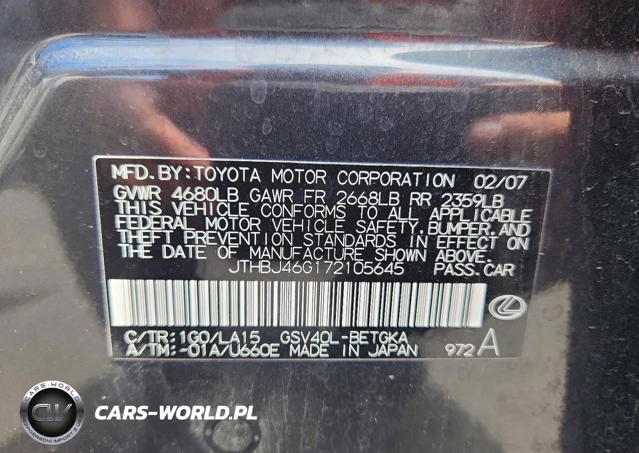 2007 Lexus Es 350 VIN:JTHBJ46G172105645 - 12