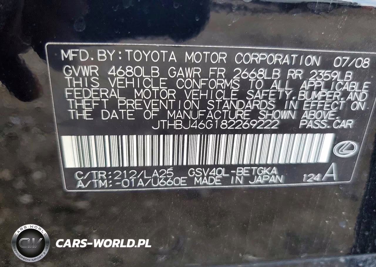 2008 Lexus Es 350 VIN:JTHBJ46G182269222 - 12