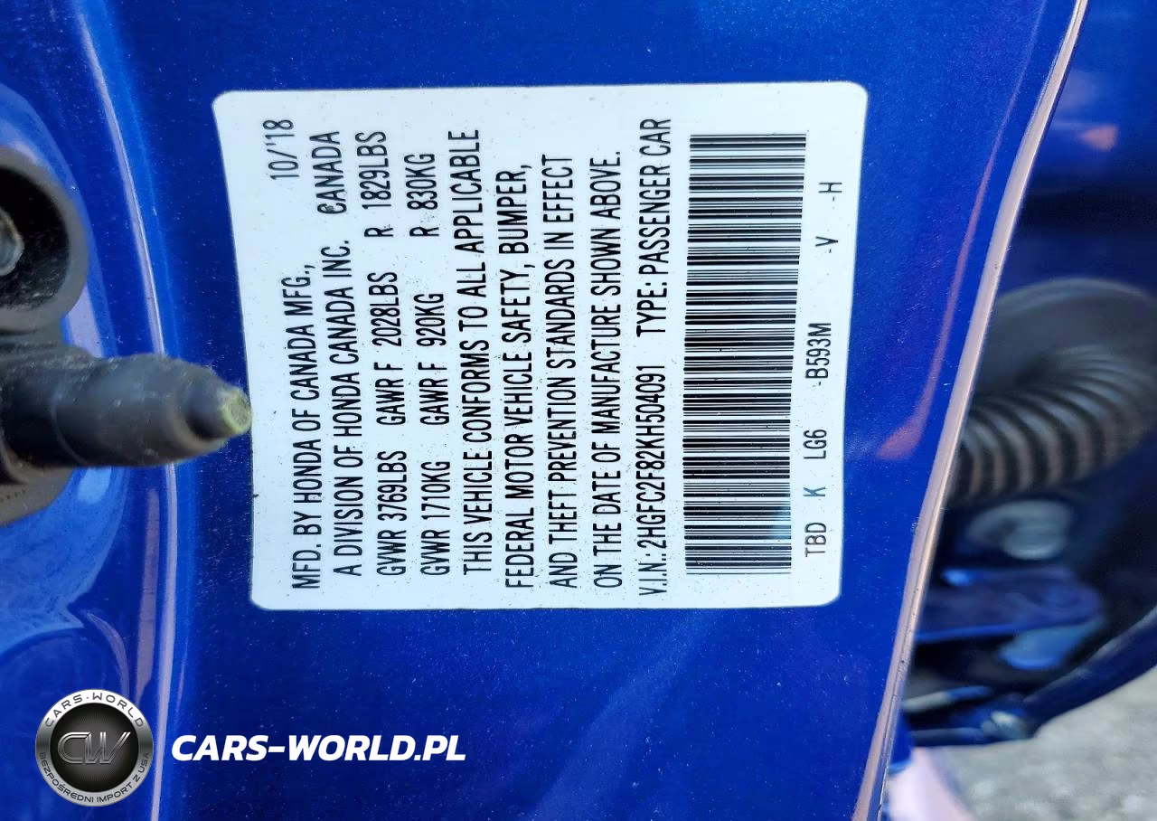 2019 Honda Civic Sport VIN:2HGFC2F82KH504091 - 12