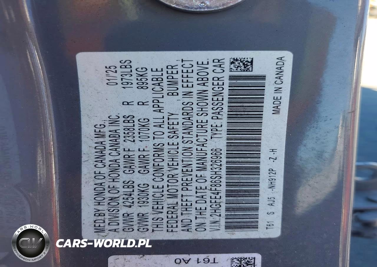 2025 Honda Civic Sport VIN:2HGFE4F86SH326966 - 12