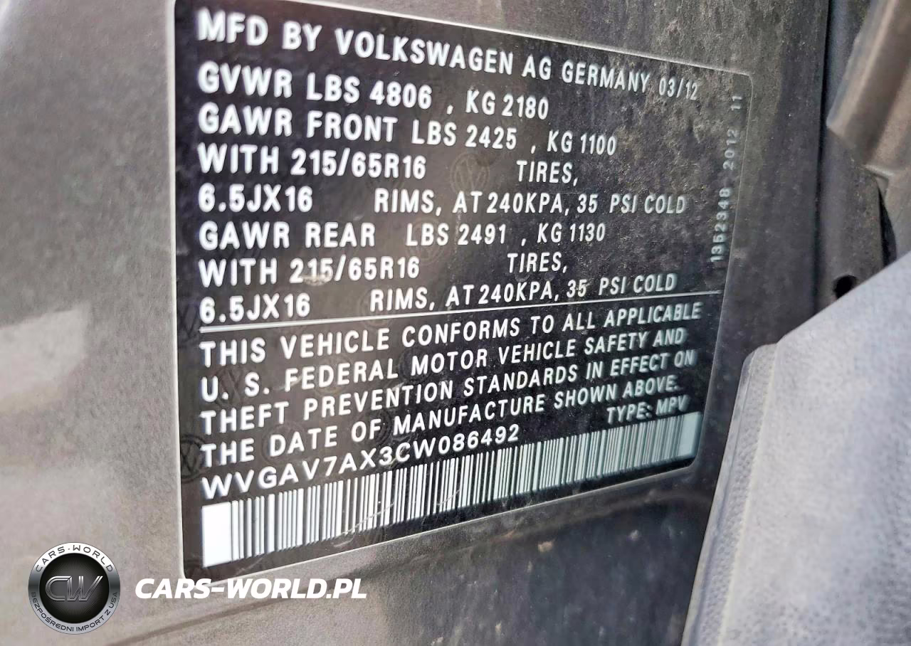 2012 Volkswagen Tiguan S VIN:WVGAV7AX3CW086492 - 13