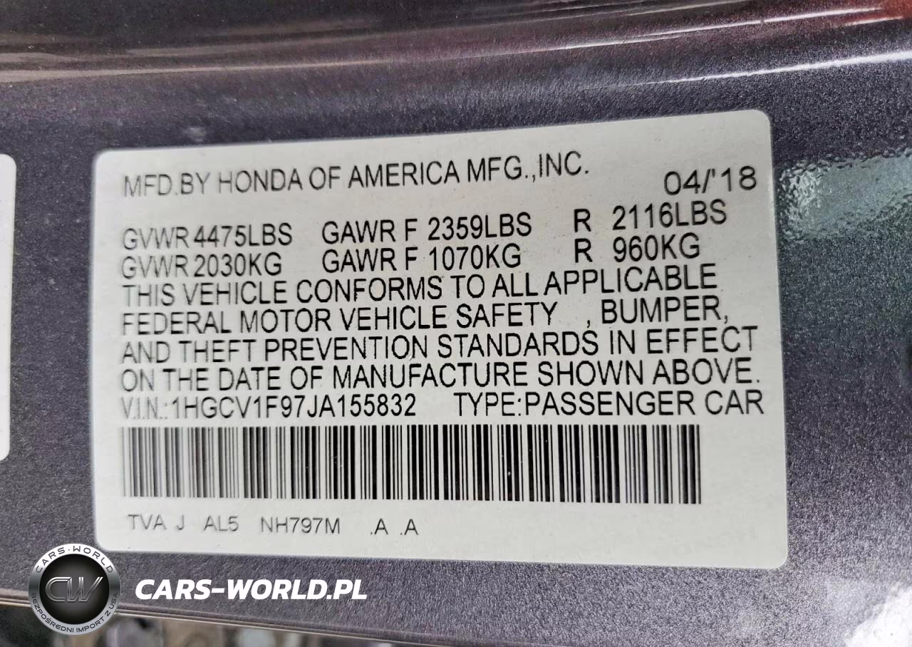 2018 Honda Accord Touring VIN:1HGCV1F97JA155832 - 12
