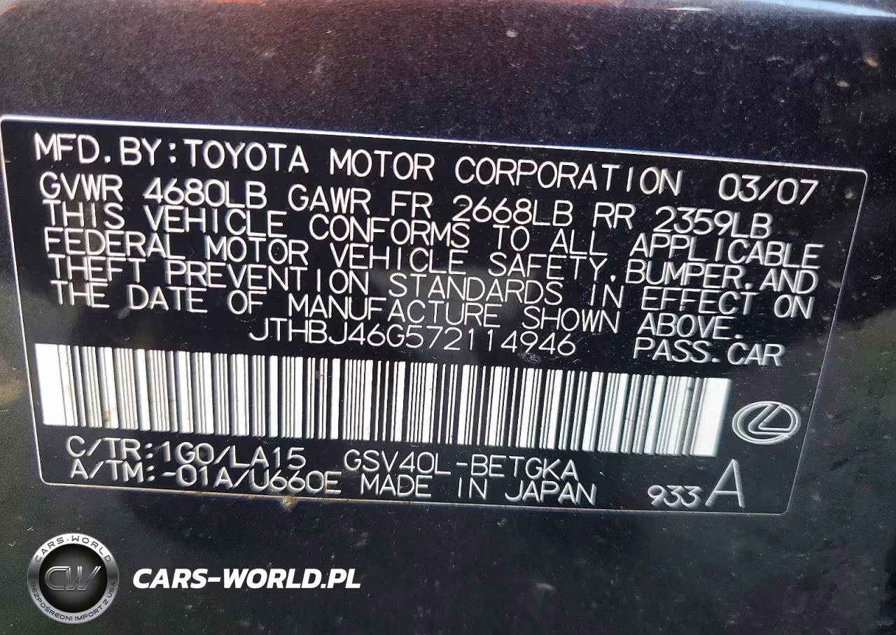 2007 Lexus Es 350 VIN:JTHBJ46G572114946 - 12