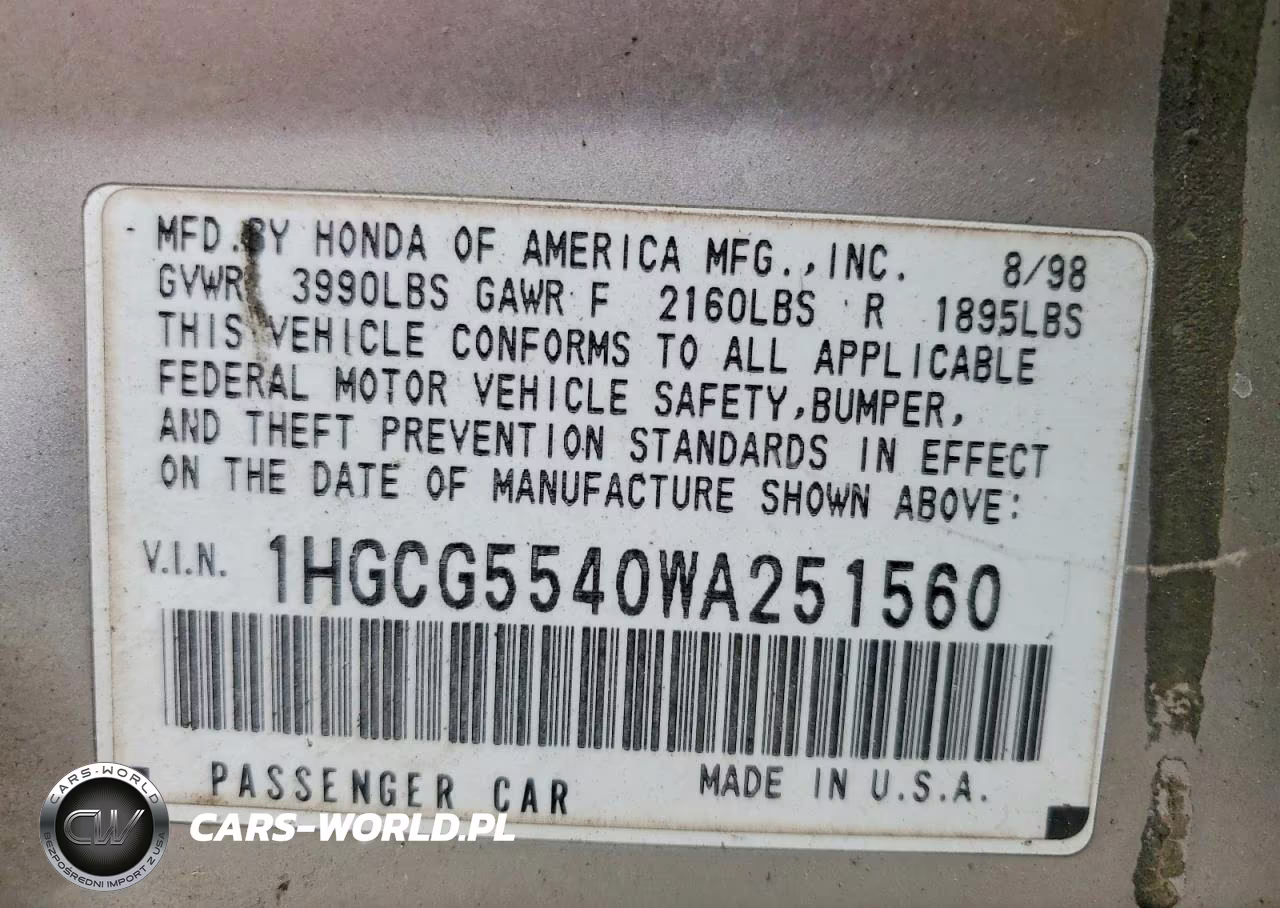 1998 Honda Accord Lx VIN:1HGCG5540WA251560 - 12
