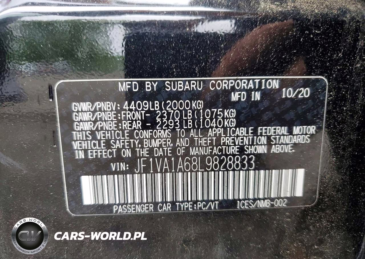 2020 Subaru Wrx VIN:JF1VA1A68L9828833 - 12