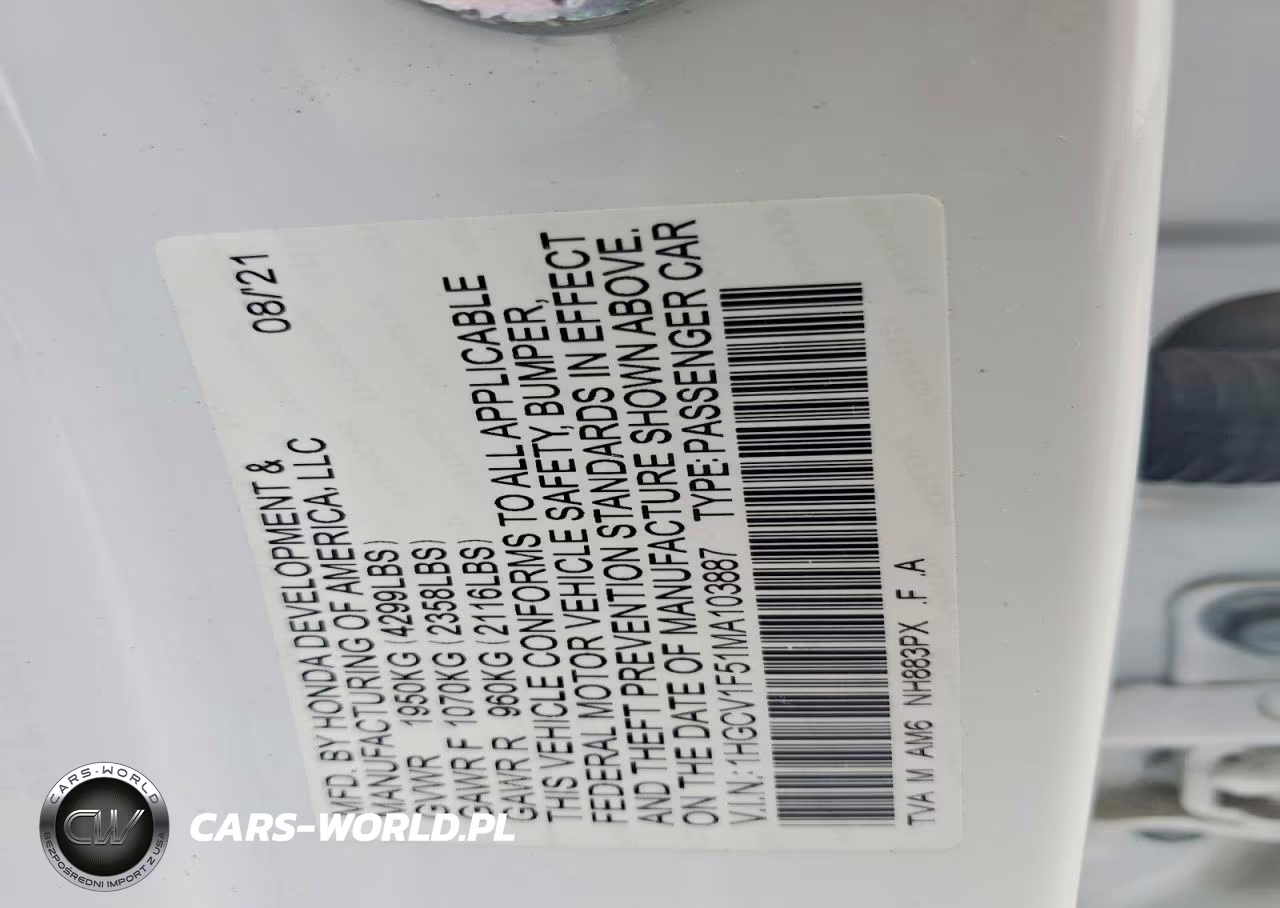 2021 Honda Accord Exl VIN:1HGCV1F51MA103887 - 12