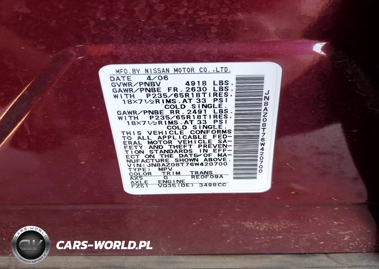 2006 Nissan Murano S VIN:JN8AZ08T76W420700 - 12
