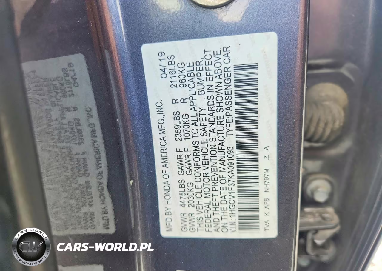 2019 Honda Accord Sport VIN:1HGCV1F37KA091093 - 12