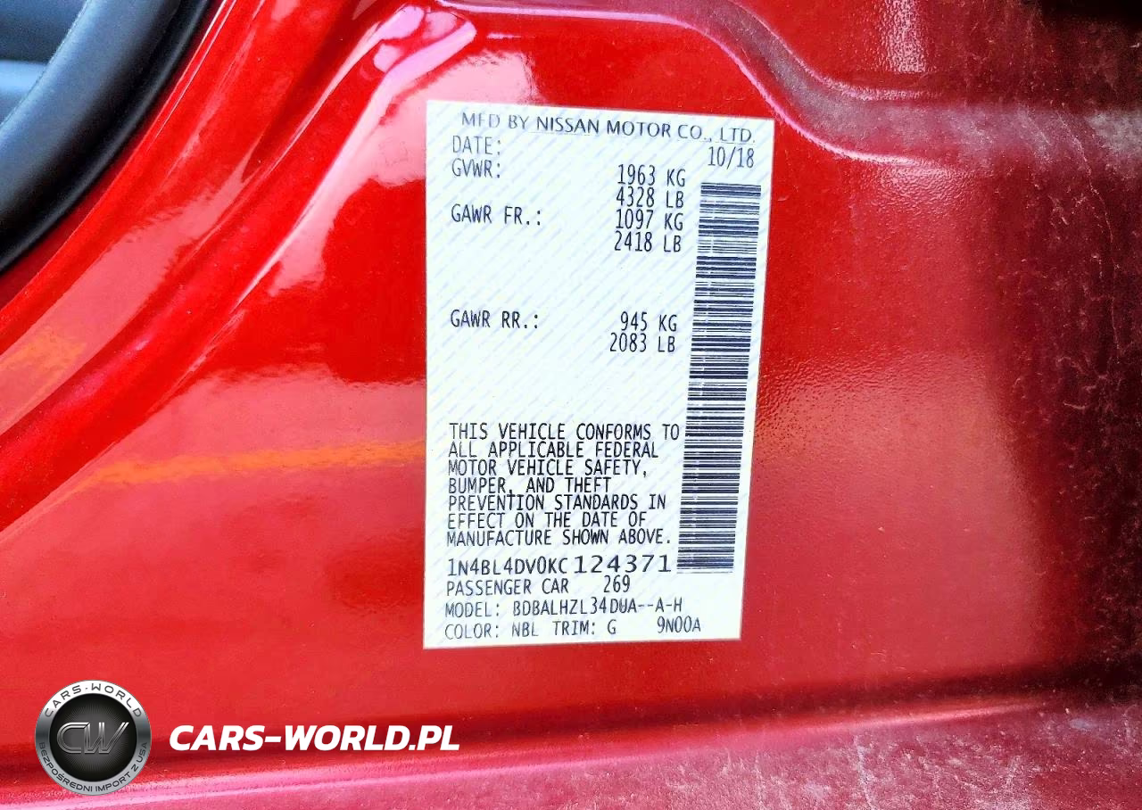 2019 Nissan Altima Sv VIN:1N4BL4DV0KC124371 - 12