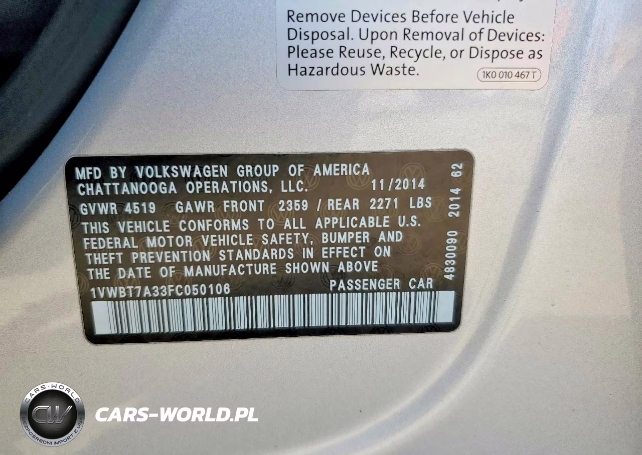 2015 Volkswagen Passat Se VIN:1VWBT7A33FC050106 - 12