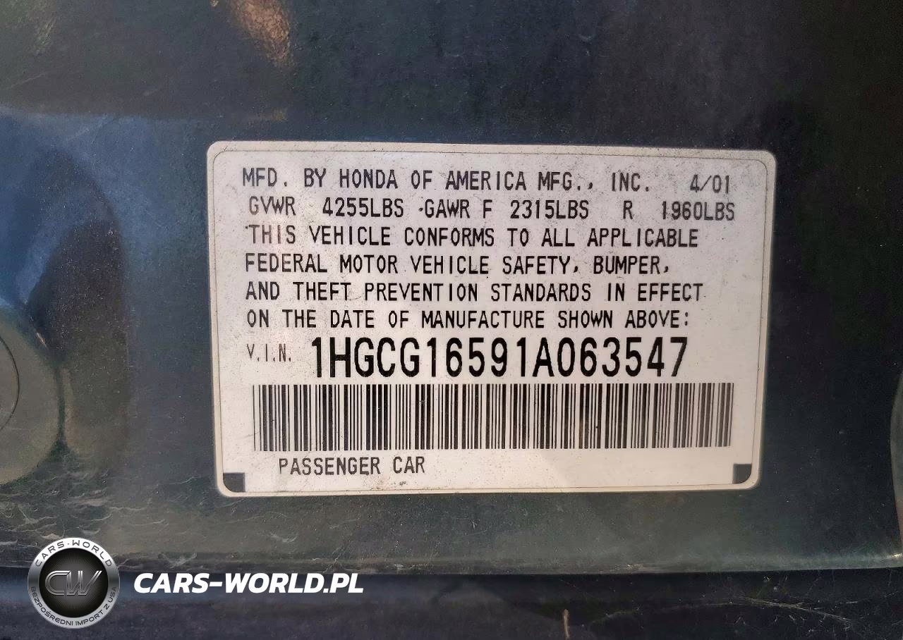 2001 Honda Accord Ex VIN:1HGCG16591A063547 - 12