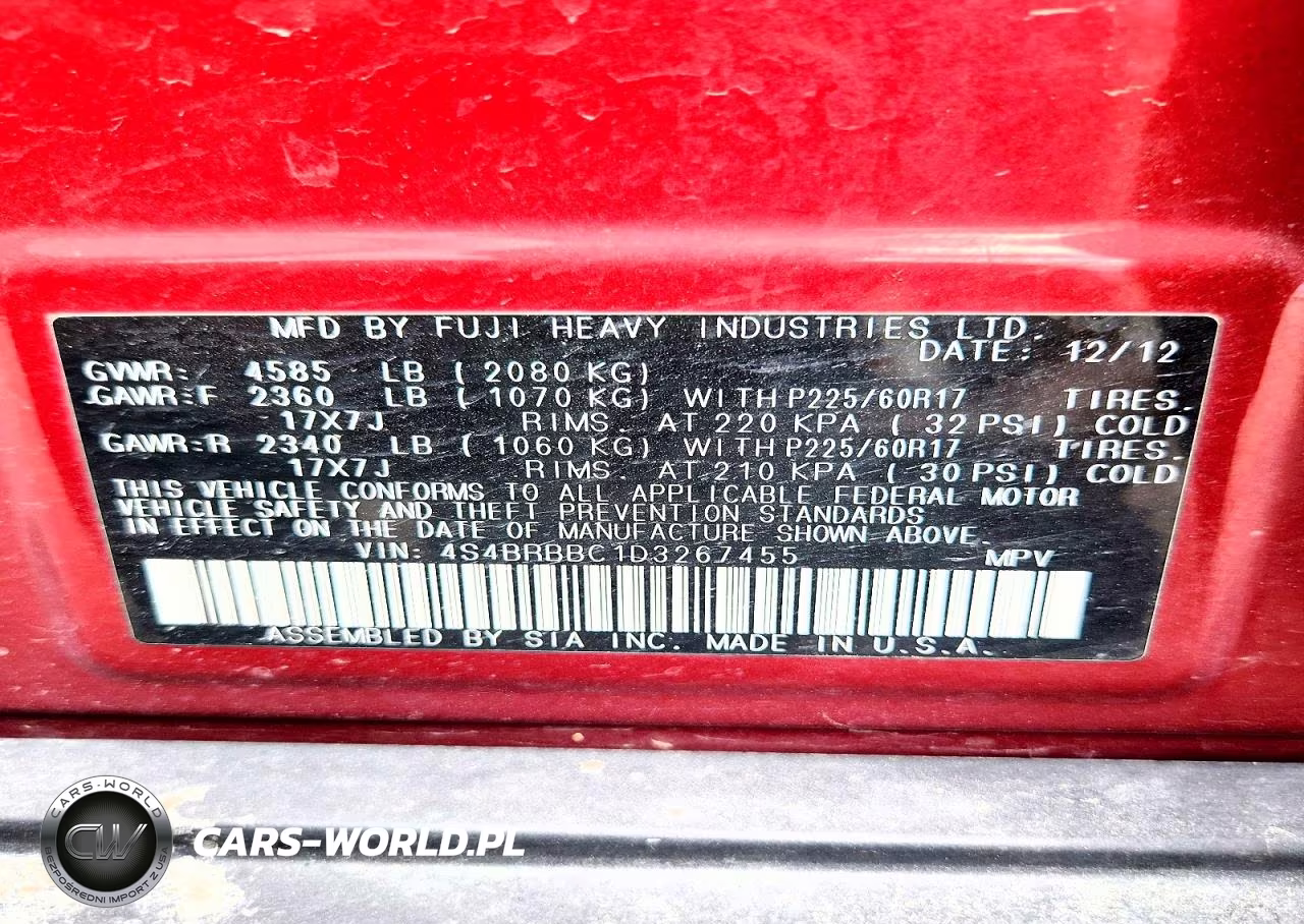 2013 Subaru Outback 2.5I Premium VIN:4S4BRBBC1D3267455 - 12